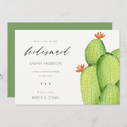 グリーンウォーターカラーの砂漠のサボテンの花のブライズメイド 招待状 (正面/裏面)