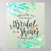グリーンウォーターカラーの葉のシックな花嫁シャワーの歓迎 ポスター (正面)