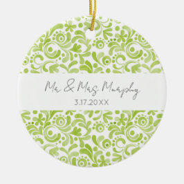 グリーンウォーターカラーアートウェディング NAME 日付 記念品 セラミックオーナメント