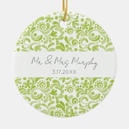 グリーンウォーターカラーアートウェディング NAME 日付 記念品 セラミックオーナメント (正面)
