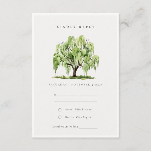 グリーンウォーターカラーウィローツリーファームウェディングRSVP エンクロージャーカード (正面)