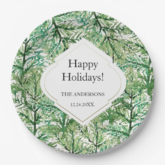 グリーンウォーターカラーウェスタンパインブランチ ペーパープレート (正面)