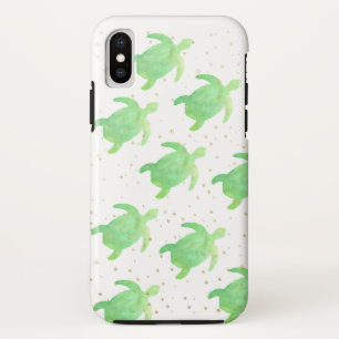 グリーンウォーターカラーウミガメ模様金ゴールドキラキラ iPhone X ケース