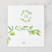 グリーンウォーターカラーオリーブブランチイニシャル日付 プレイスカード (外部開封)