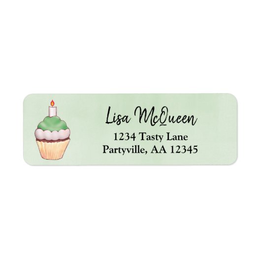 グリーンウォーターカラーカップケーキ誕生日アドレス ラベル (正面)