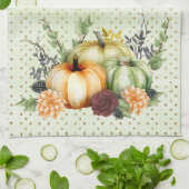 グリーンウォーターカラーカボチャ金ゴールドドット秋 キッチンタオル (折り畳み)