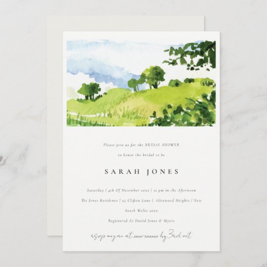 グリーンウォーターカラーカントリーサイドヒルズブライダルシャワー 招待状 (正面/裏面)