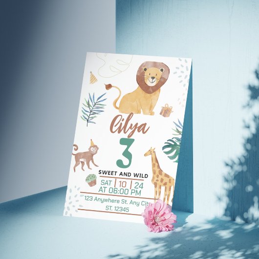 グリーンウォーターカラーキッズイラストレーションサバナテーマ 招待状