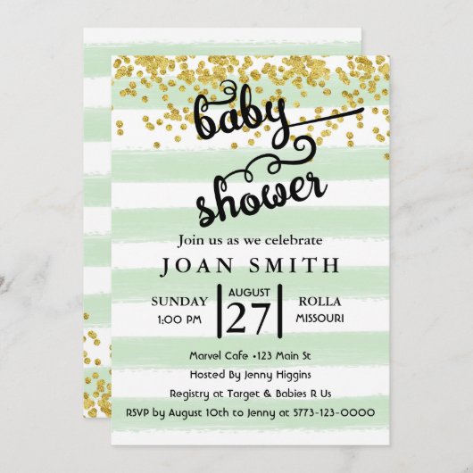 グリーンウォーターカラーストライプベビーシャワー招待状 招待状 (正面/裏面)