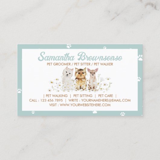 グリーンウォーターカラースモールドッグズポーデイジーペットシッター 名刺 (裏面)