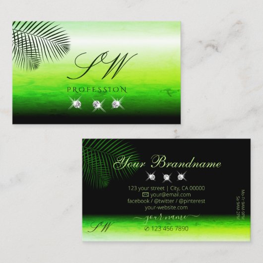 グリーンウォーターカラーズパーム葉ダイヤモンドモノグラム 名刺 (正面/裏面)