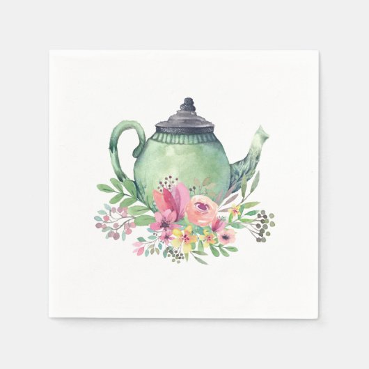 グリーンウォーターカラーティーポットとフローラ スタンダードカクテルナプキン (正面)