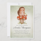 グリーンウォーターカラーハリネズミとマッシュルーム赤ちゃんシャワー 招待状 (正面)