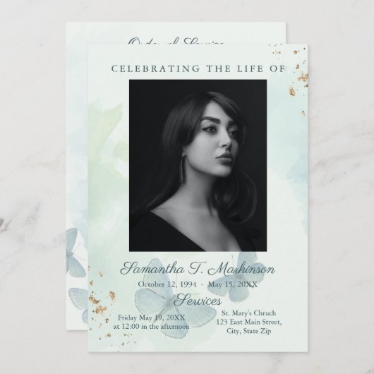 グリーンウォーターカラーバタフライ葬儀サービス プログラム (正面/裏面)