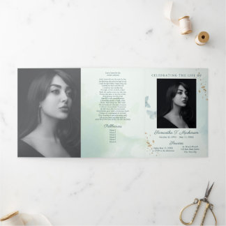 グリーンウォーターカラーバタフライ葬儀サービス 三つ折りプログラム