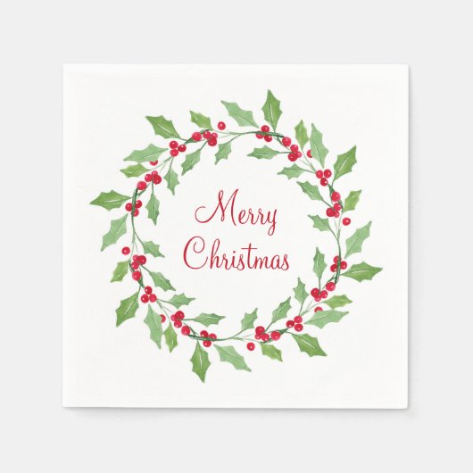 グリーンウォーターカラーホリーリース スタンダードカクテルナプキン (正面)