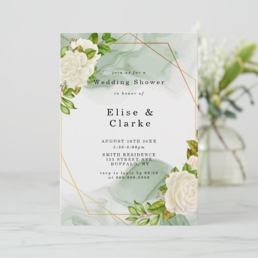 グリーンウォーターカラーホワイトローズウェディングシャワー招待状 (スタンド正面)