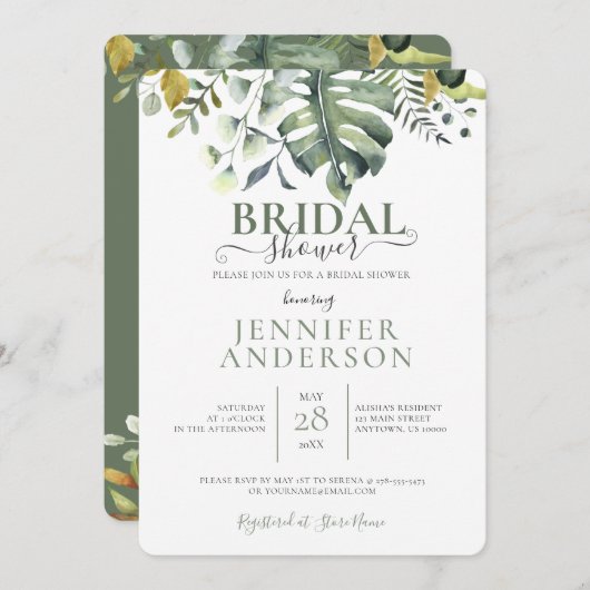 グリーンウォーターカラーボタニカルブライダルシャワー 招待状 (正面/裏面)
