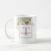 グリーンウォーターカラーモダンホリデークリスマスモノグラム コーヒーマグカップ (左)