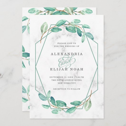 グリーンウォーターカラーユーカリと大理石 | ウェディング 招待状 (正面/裏面)