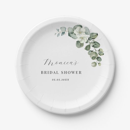グリーンウォーターカラーユーカリフローラブライダルシャワー ペーパープレート (正面)
