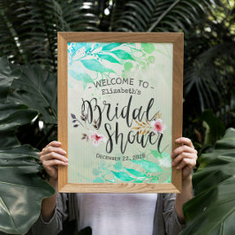 グリーンウォーターカラーリーフシックな花嫁のシャワーウェルカム ポスター