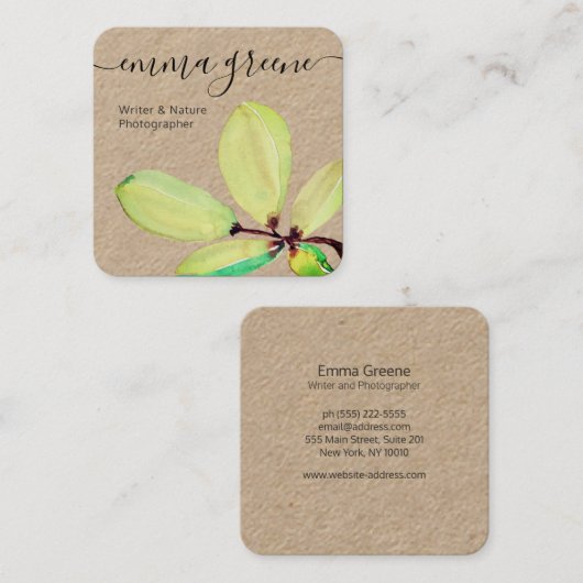 グリーンウォーターカラーリーフブランチスクエアクラフトスクエアB スクエア名刺 (正面/裏面)