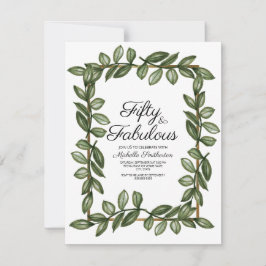 グリーンウォーターカラーリーフホワイトゴールド50歳の誕生日 招待状