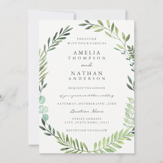 グリーンウォーターカラーリーフリース結婚式招待状 招待状 (正面)