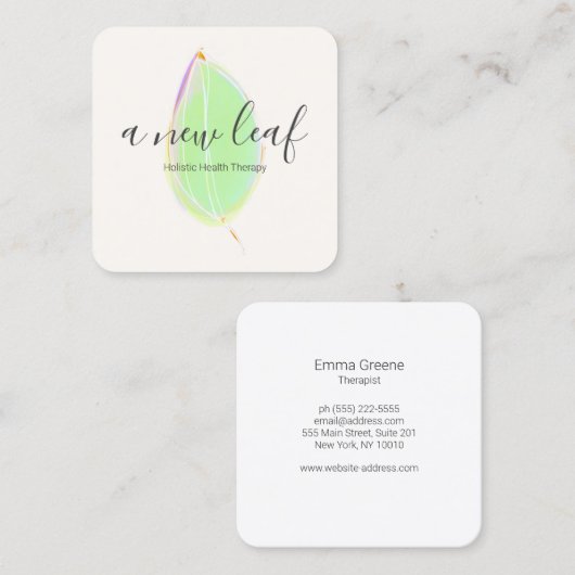 グリーンウォーターカラーリーフ正方形ビジネスカード スクエア名刺 (正面/裏面)