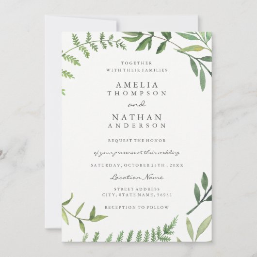 グリーンウォーターカラーリーフ結婚式招待状 招待状 (正面)