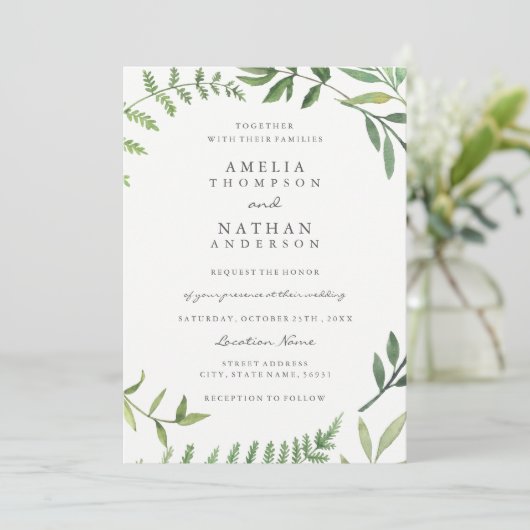 グリーンウォーターカラーリーフ結婚式招待状 招待状 (スタンド正面)