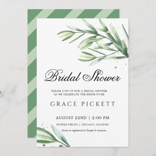 グリーンウォーターカラーリーリーフブライダルシャワー 招待状 (正面/裏面)