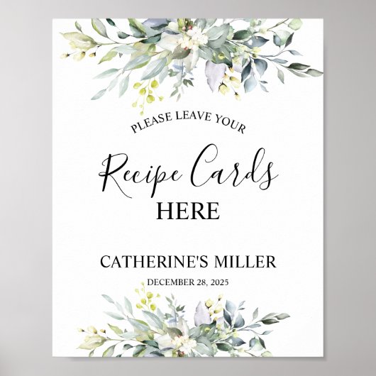 グリーンウォーターカラーレシピカードブライダルシャワー ポスター (正面)