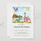 グリーンウォーターカラー恐竜の誕生日パーティー 招待状 (正面)