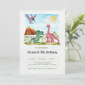 グリーンウォーターカラー恐竜の誕生日パーティー 招待状 (スタンド正面)