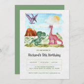 グリーンウォーターカラー恐竜の誕生日パーティー 招待状 (正面/裏面)