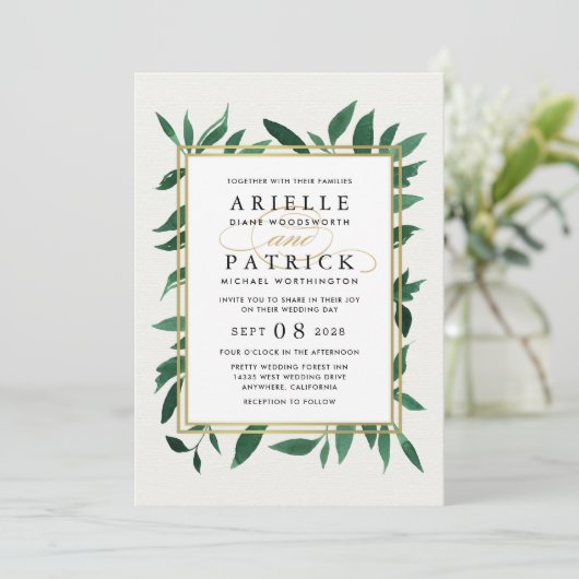 グリーンウォーターカラー植物性結婚式招待状 招待状 (スタンド正面)