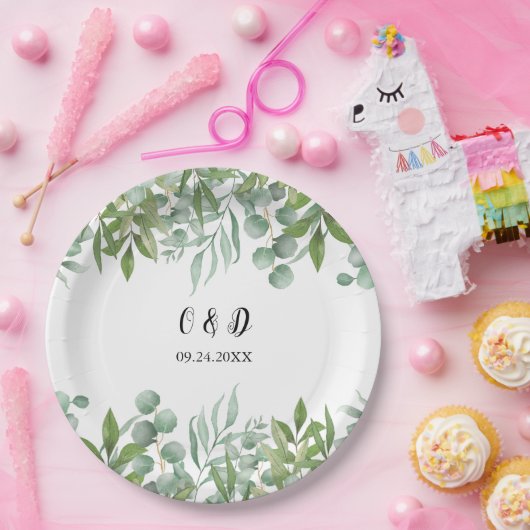 グリーンウォーターカラー結婚リーフの紙プレート ペーパープレート (パーティー)