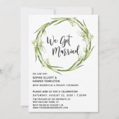 グリーンウォーターカラー花輪 私たち結婚しました タイポグラフィ 招待状 (正面)