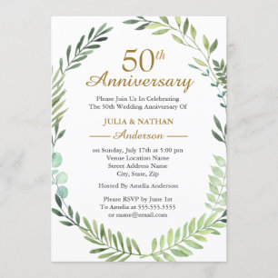 グリーンウォーターカラー花輪 50周年結婚記念日 招待状