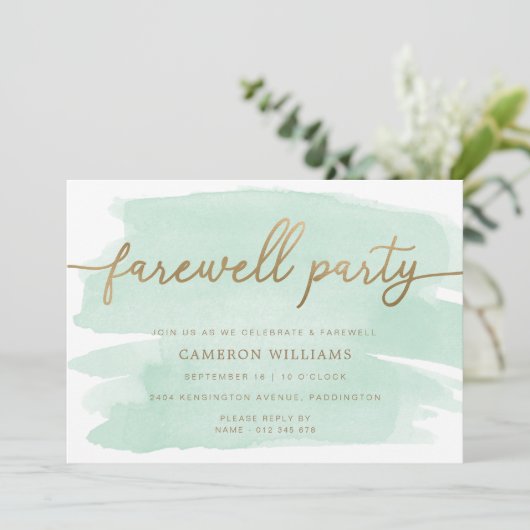 グリーンウォーターカラー金ゴールド送別パーティの招待状 招待状 (スタンド正面)