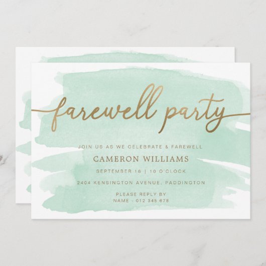 グリーンウォーターカラー金ゴールド送別パーティの招待状 招待状 (正面/裏面)