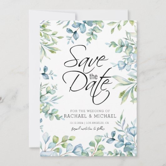 グリーンウォーターカラー・セーブ・ザ・デート・テンプレート 招待状 (正面)