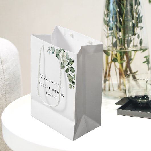 グリーンウォーターカラー ユーカリ フラワーブライダルシャワー ミディアムペーパーバッグ