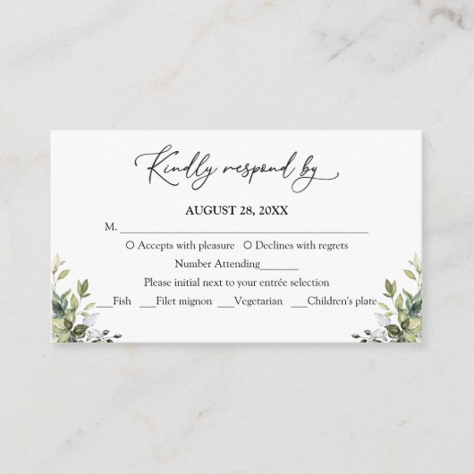 グリーンウォーターカラーEucalyptus RSVP応答 エンクロージャーカード (正面)