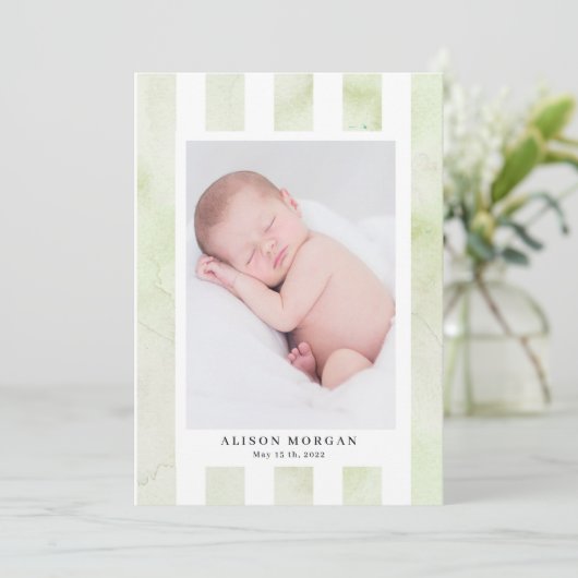 グリーンウォーターストライプカラーモダンの誕生発表 招待状 (スタンド正面)