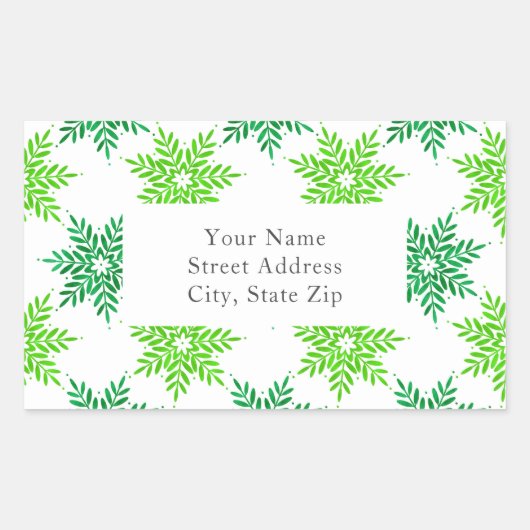 グリーンウォーター色のスノーフレーク模様ラベル 長方形シール (正面)