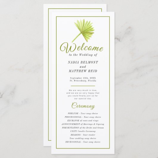 グリーンウォーター色のパーム結婚フロンの葉の式 プログラム (正面/裏面)