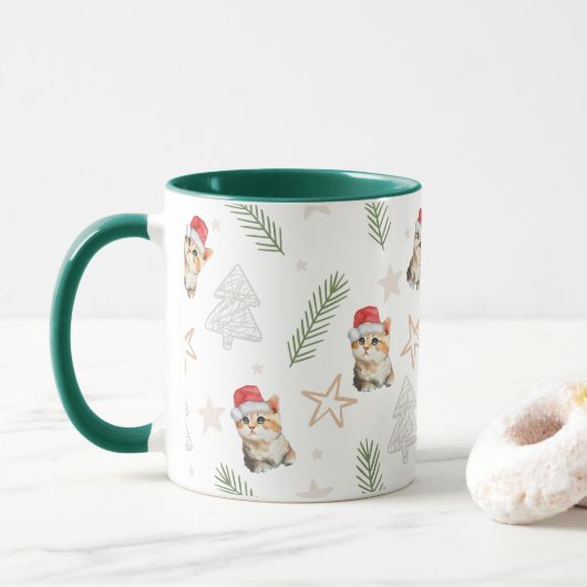 グリーンウォーター色の子猫サンタ・メリークリスマス マグカップ (ドーナツ)